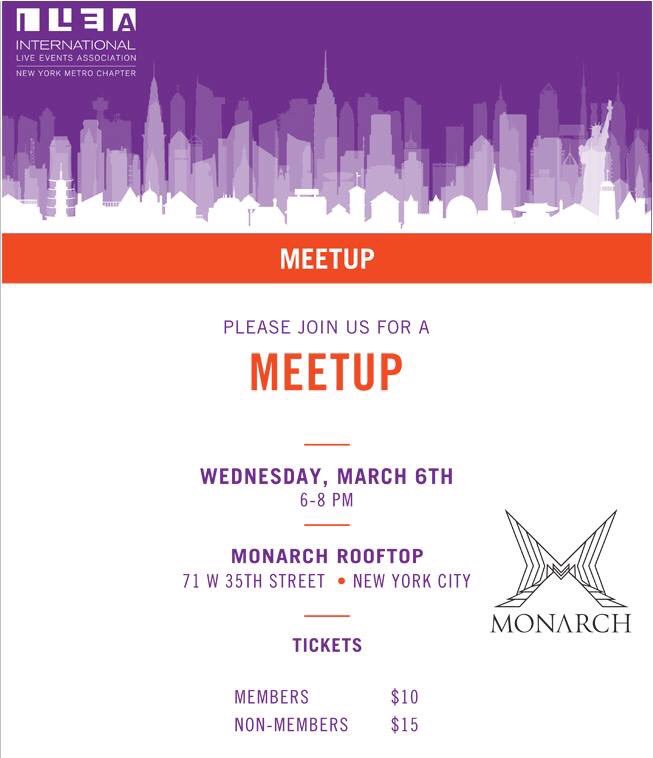 ILEA_nyc's tweet photo. Wed. March 5, join ILEAnyc at a #meetup at the Monarch Rooftop Lounge and meet other events industry professionals! Members and nonmembers welcome to attend! #eventprofs #myilea #ileanyc https://t.co/rUOsdHdfBZ