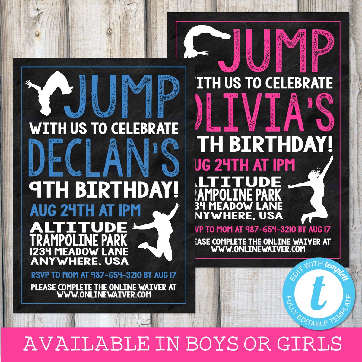 RadFamilyDesign's tweet image. JUMP PARTY INVITATIONS | buff.ly/2Ey3rtd | #radfamilydesigns #templett #JUMPINVITATION #GirlsJumpBirthdayInvitation #BoysJumpParty #TrampolineParty #BounceHouseParty #JumpPartyInvite #InstantDownload #EditableTemplett