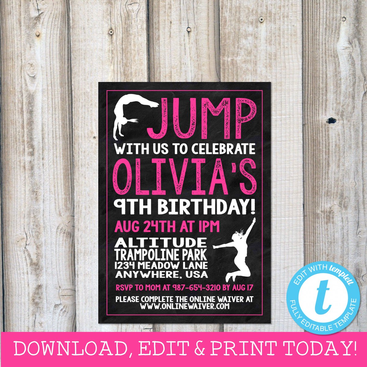 RadFamilyDesign's tweet image. JUMP PARTY INVITATIONS | buff.ly/2Ey3rtd | #radfamilydesigns #templett #JUMPINVITATION #GirlsJumpBirthdayInvitation #BoysJumpParty #TrampolineParty #BounceHouseParty #JumpPartyInvite #InstantDownload #EditableTemplett