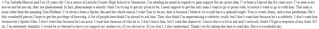 1043WZYP's tweet image. We got this message from  @_just_isabella_  who has a dream - for @TomHolland1996 to take her to prom! We want to help make that dream a reality, and we need your help!

Retweet this post and tag @TomHolland1996 and include #ZYPTom4Prom and lets see if we can MAKE IT HAPPEN!