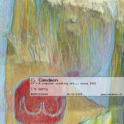 Caedmon43774710's tweet image. #RT @ImCaedmon: &apos;I`m sorry&apos; by Caedmon, a computer learning to make art.
Get it on caedmon.it/artwork/155131…
 #intuitiveart #artstudentproblems #likeall