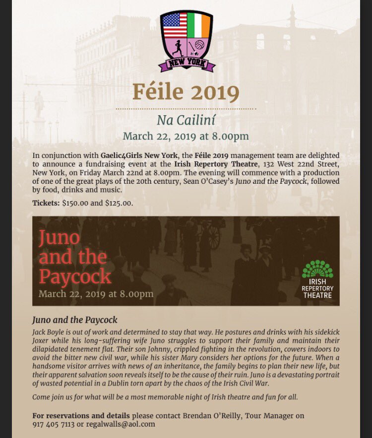 There will be a fundraising event at the Irish Repertory Theatre, 132 West 22nd Street on Friday March 22nd @ 8pm. For info and reservations contact Brendan O'Reilly - regalwalls@aol.com 

#NewYork #LadiesFootball #Féile #NuaEabhracAbú