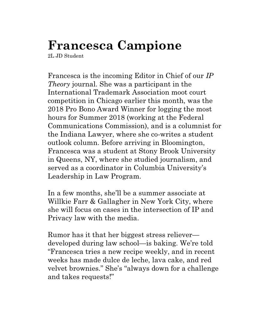 Austen Parrish (@austenparrish) on Twitter photo Student Spotlight: today meet Francesca Campione (<a href="/CescaCampione/">Francesca Campione</a>). A journalist turned media/IP lawyer extraordinaire, who has just been named the new incoming EIC of our IP Theory journal (<a href="/ciprmaureripth/">IP Theory</a>). Congrats Francesca! Student Spotlight: today meet Francesca Campione (<a href="/CescaCampione/">Francesca Campione</a>). A journalist turned media/IP lawyer extraordinaire, who has just been named the new incoming EIC of our IP Theory journal (<a href="/ciprmaureripth/">IP Theory</a>). Congrats Francesca!