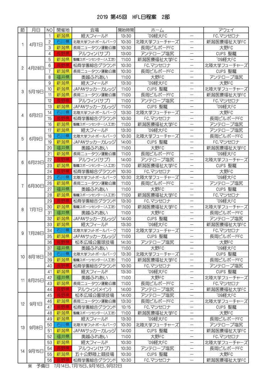 OkuetsuFC's tweet photo. «日程告知»
いつも大野FCを応援いただきありがとうございます。
この度『第54回北信越フットボールリーグ 二部』の日程が発表されましたのでお知らせ致します。 https://t.co/ynWGuHH2od
