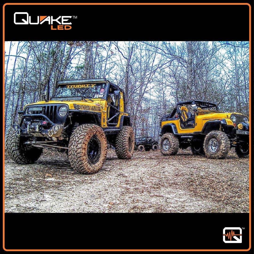 QuakeLED's tweet photo. Hello dual yellow Jeeps!🔥

#repost @thezombiekillertj     .....     
 Look at these yellow beasts! TJ on the left and CJ on the right. #yellowjeep #wranglertj #jeepwranglercj #bigjeep #bogboytoys #jeeplife #jeepup #4x4 #4wheeldrive #4x4offroad #offroad #quakeled https://t.co/3lcm6huMmw
