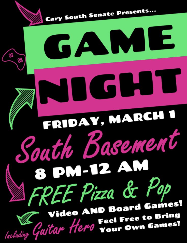 CaryClub's tweet photo. It’s time for another game night! This Friday from 8-midnight, free pizza as always! https://t.co/NkeeUREppG
