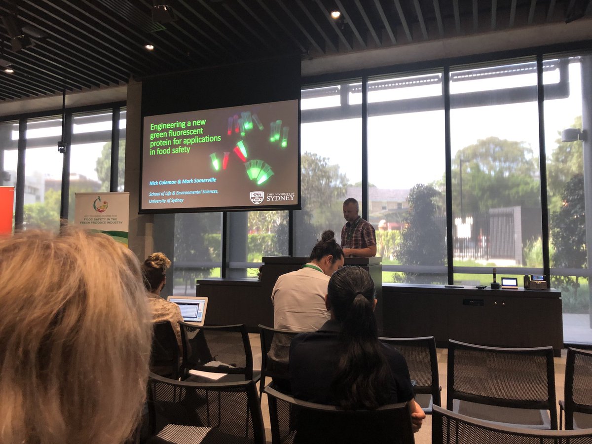 jamsorgau's tweet photo. Professor Nick Coleman presenting on GFP strains of foodborne bacteria for the opening launch of the @arc_gov_au ITTC for Food Safety in the Fresh Produce Industry yesterday at USyd! @AUSSOCMIC @Sydney_Science πΈ @Sassihp #FoodSafety #Microbiology #ColemanLab π₯¬ππ₯¦π¦ π§¬π¬ https://t.co/3dKPiE6KB3