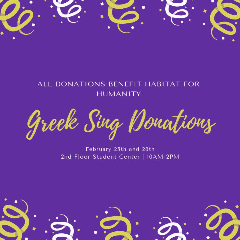 Catch us in the Student Center tomorrow for Greek Sing donations, 10 AM-2 PM! All proceeds go towards Habitat for Humanity.