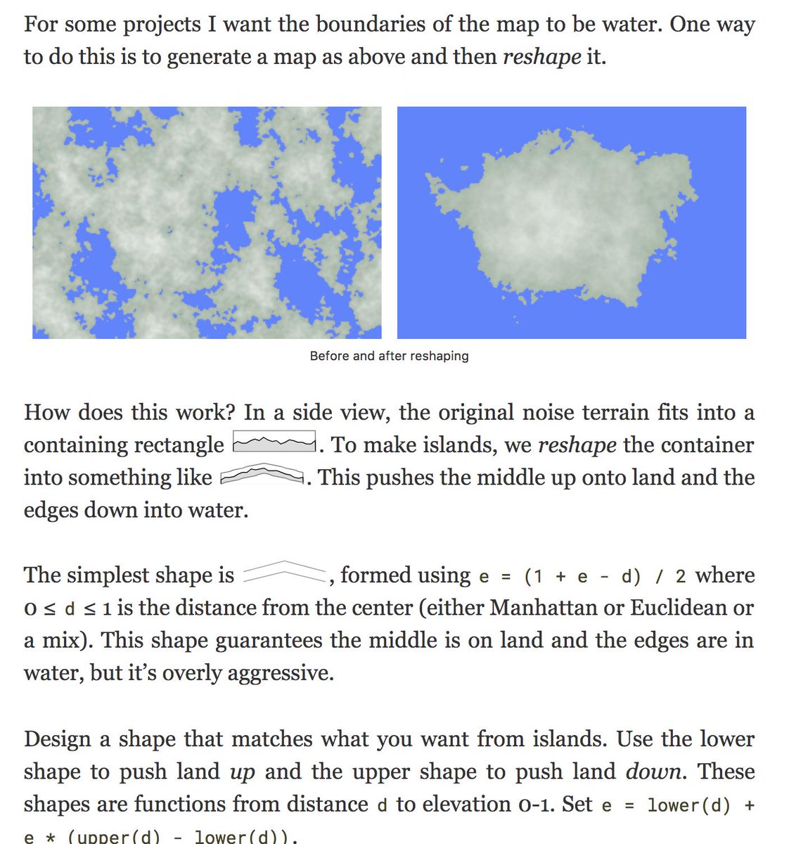 redblobgames's tweet photo. I've been unhappy with the "island" section of my noise-based-terrain page (https://t.co/Ud1IVjY4Y4). It was interactive without much guidance. I've rewritten the section to focus on concepts. Interactivity is a bonus but not the main goal. Before &amp; after: https://t.co/LGW1bRrK25