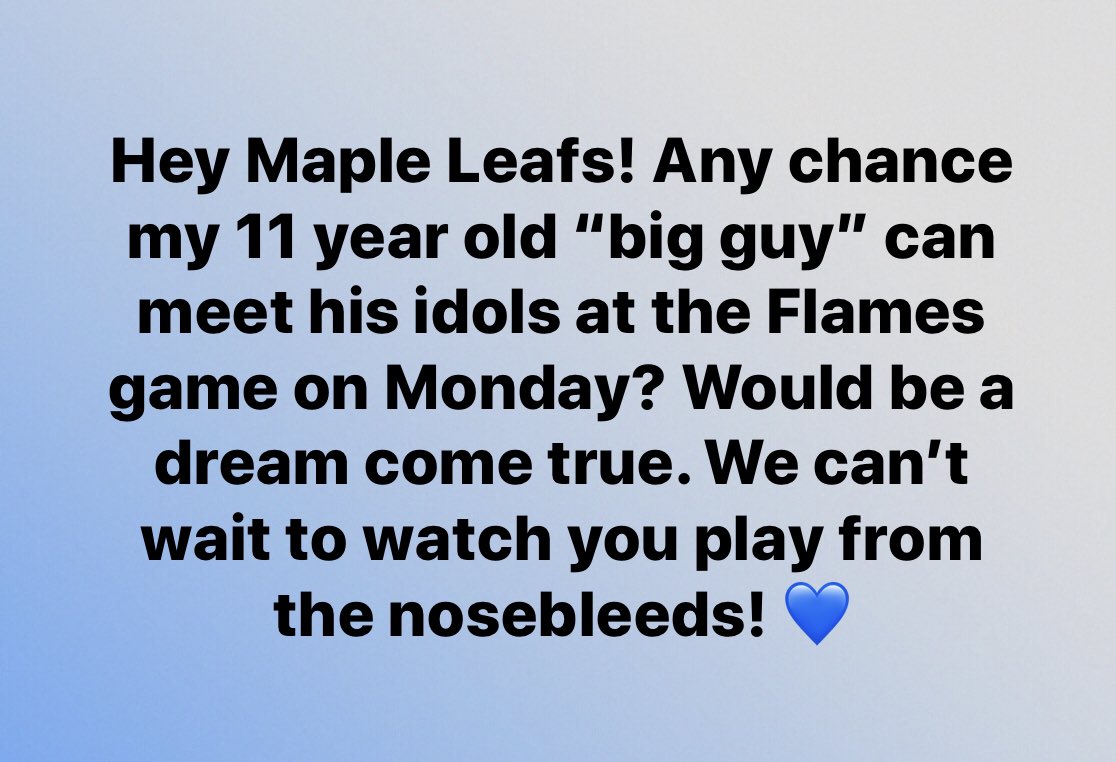 JealousHuman's tweet image. My 11 year old Maple Leafs fan is quite big for his age, but loves to play hockey, and watch his idols. He’d give anything to meet just one at the Calgary game on Monday. Not easy being a leafs fan in flames country! @AM34 @43_Kadri @kasperikapanen1 @ZachHyman @Marner93 @mriles4