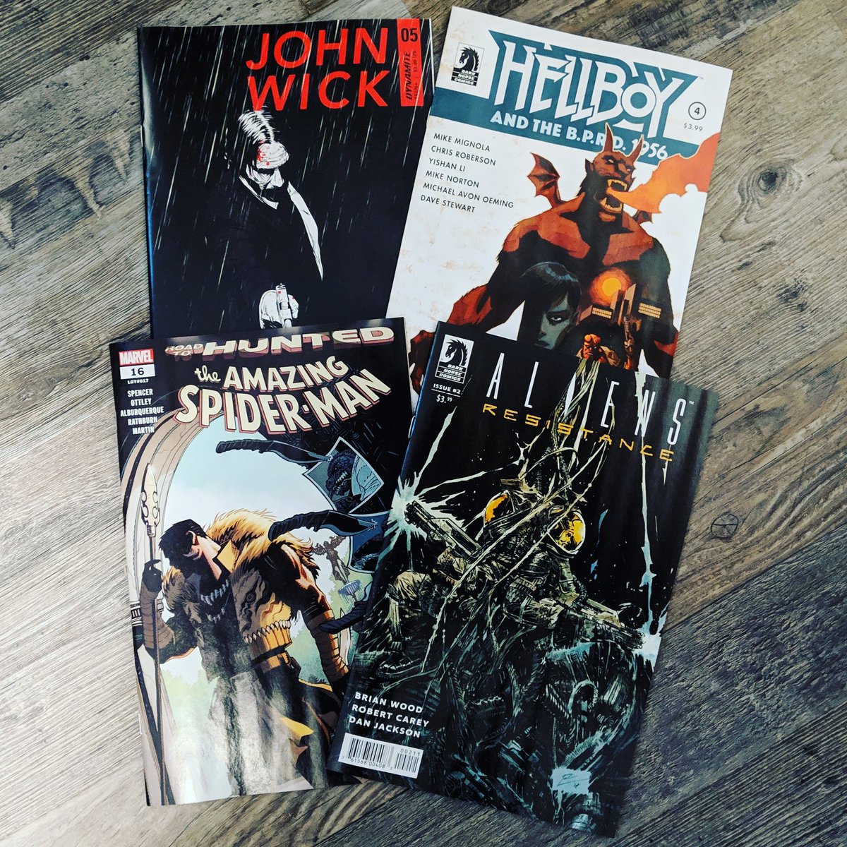 GeeksValhalla's tweet photo. Here are some of our #ncbd pick ups this week. Check out everything we are reading on the site. #darkhorsecomics #aliens #hellboy #dynamite #johnwick #marvelcomics #spiderman #amazingspiderman https://t.co/RdS1Kvzqdb