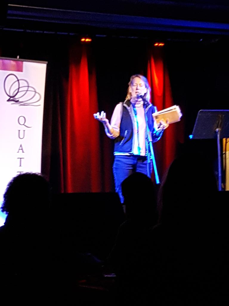 QuattroBooks's tweet photo. @Kate_M_F starting a reading of our dear @tara_borin who couldn't make it from Dawson City for the launch of the "Best New Poets in Canada 2018" Anthology. We miss you Tara and you were here in spirit and in Kate's reading of your poems! #poetry #canlit https://t.co/hZBLpsf5jT