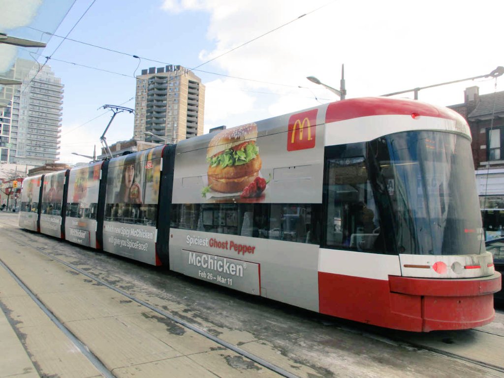 ttc_kid's tweet photo. McDonald's Spicy McChicken Streetcar @TTChelps @McDonaldsCanada #SpiceFace🔥 #TTC #Toronto (📷 not mine) https://t.co/0j2Z2ul4wR