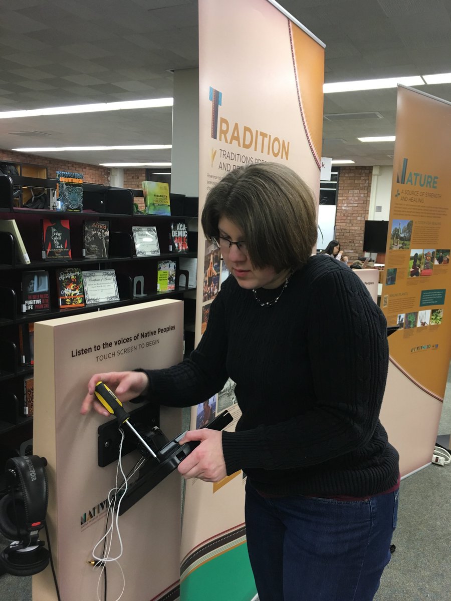 This afternoon Briggs Librarians were hard at work setting up the NLM #NativeVoices exhibit.  Hope you're as excited as we are to check it out! @UMNMorris