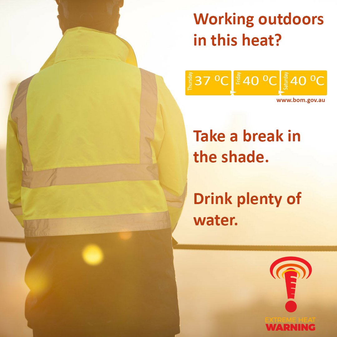 SA_SES's tweet photo. Working outside or in enclosed environments? Employers and  employees are advised to take the time now to implement their workplace extreme heat action plan before we reach the hottest part of the day. For more information on how to beat the heat visit https://t.co/BDK5r1ANJq https://t.co/FlPzHwqnHG