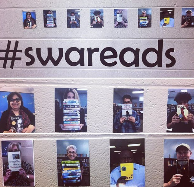 messerlyk's tweet photo. A5: A few examples: graffiti walls where students share their favorite lines from books, stickers in books that say "____ loved this" allowing students to add their names to the list, and pictures that show students/teachers reading #supportandcelebrate #shelfietalk https://t.co/XRAJqFSFnF