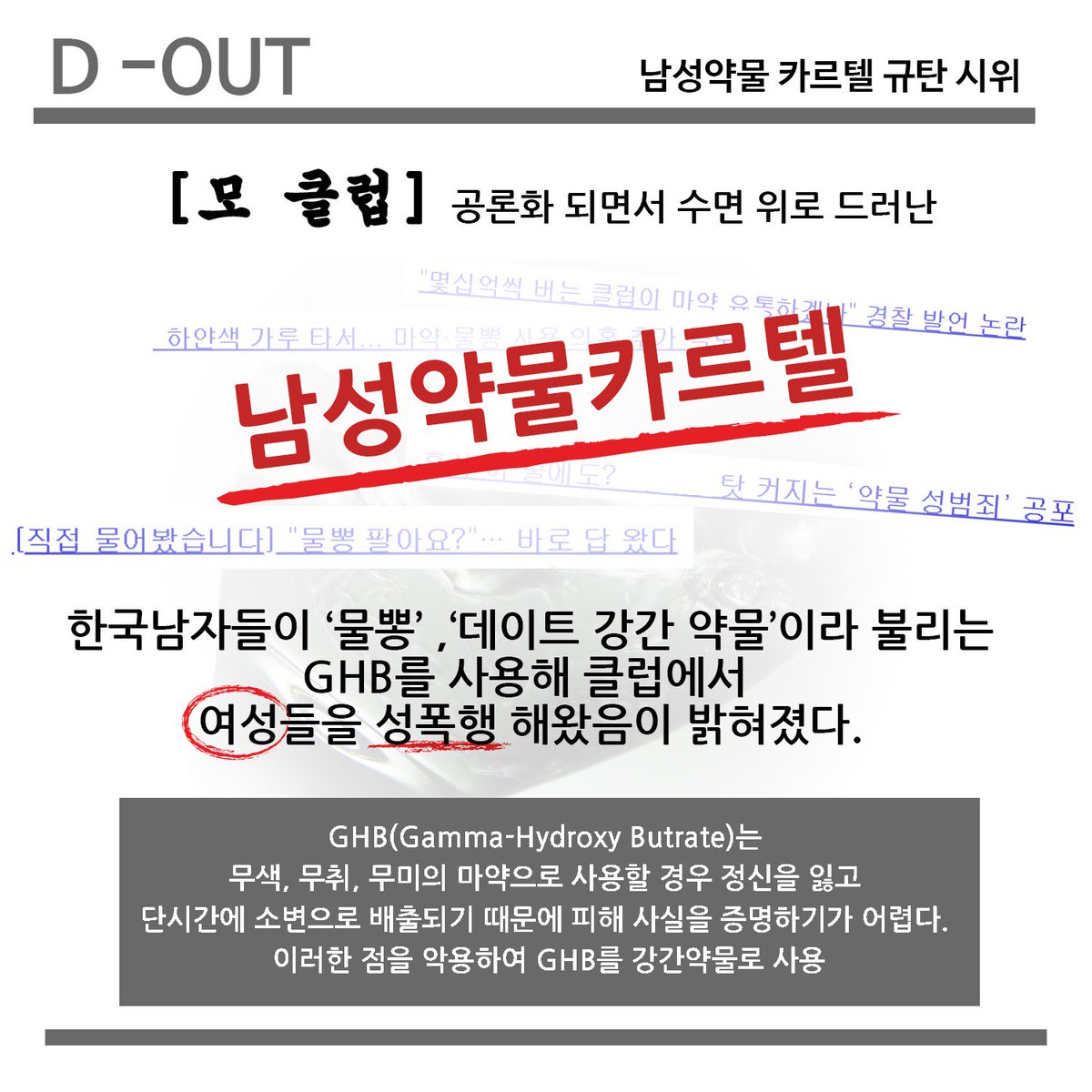 GHB_Out's tweet photo. [D-OUT] 카드뉴스 입니다!

📢 남성약물카르텔이 뭐라고 생각하시나요? https://t.co/lsa8xSQ5hH