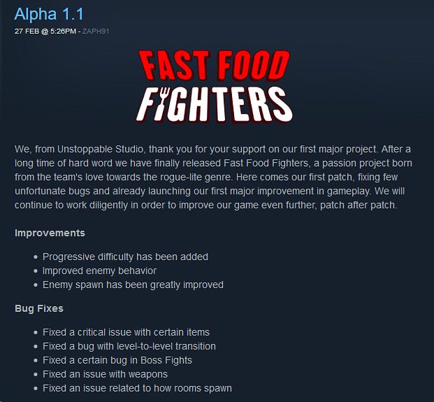 UnstoppableSTU's tweet photo. [PATCH NOTES]
Alpha 1.1 and a big THANK YOU!

Get FFF! Out Now:
➡️ https://t.co/pknBhHfvDX
.
.
.
.
.
#indie #videogames #unityengine #madewithunity #gamedev #indiedev #FFF #FastFoodFighters #UnstoppableStudio #indiegames #Steam #pcgaming #arcade #action #fastfood #foodgames https://t.co/XvT5BoeNkM