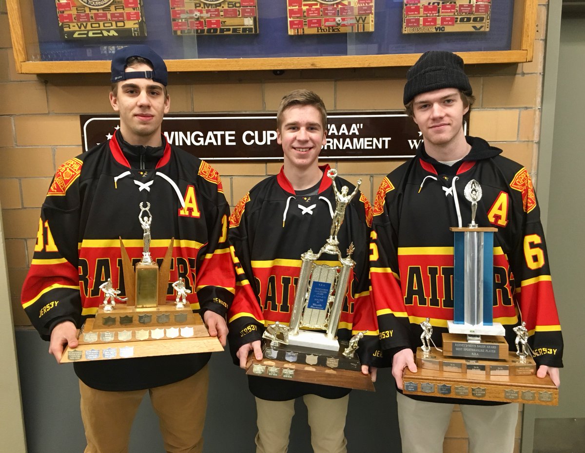A BIG congratulations to these three excellent athletes as they brought home some hardware from the NDA Hockey awards ceremony. Jacob Steringa &amp; Connor Winrow split two goaltending awards (lowest GAA and top goalie award). Aydan Poudrier won the NDA Most Sportsmanlike Award.