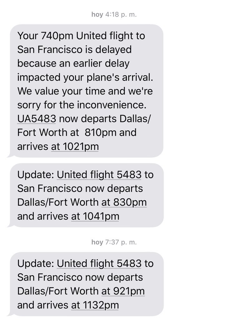 MrOzDavis's tweet photo. @united Here’s the kicker though - every time your flights get progressively delayed (has happened with all three delays). When I get the first delay text from United, should I expect this onslaught of more delays to come? Why even send the first two texts? https://t.co/esgU2HXa0H