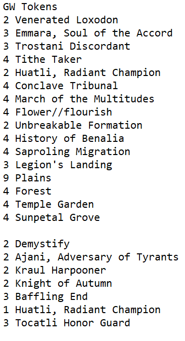 MTGQuinn's tweet photo. Here's the GW Tokens list and sideboard guide @MattSevera, @SamuelHBlack and I played at #2019MC1 with special tech: Huatli, Radiant Champion! https://t.co/WFXQLE2KWb