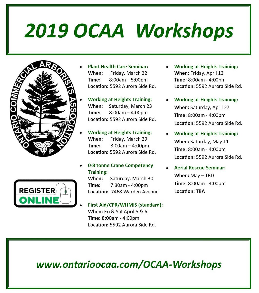 ONTARIOOCAA's tweet photo. #OntarioOCAA #2019Workshops #Arborist #Training #CEUs

#WorkingAtHeights #FirstAid #CPR #WHMIS #PlantHealthCare #0to8TonneCraneCompetency #AerialRescue

#KnowYourStuff #WorkHardLearnHard https://t.co/pS3mA12rXk