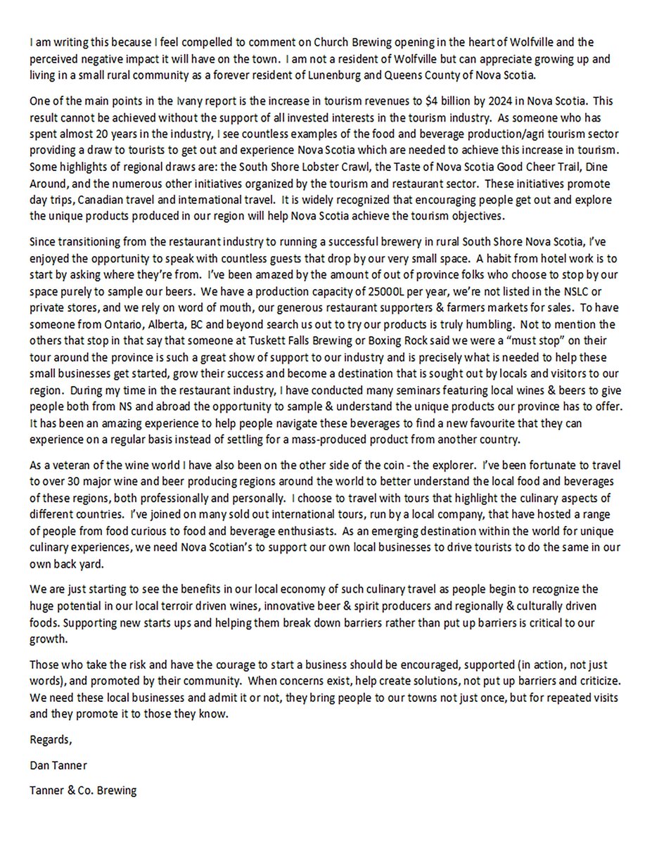 My thoughts on the <a href="/TownOfWolfville/">Wolfville</a> @churchbrewingco issues.  A rising tide floats all boats as it applies to increasing tourism in NS.  Thank you <a href="/902BrewCast/">902 BrewCast</a> for being industry advocates.  This is just a small part of the overall opportunity to grow tourism in our province.