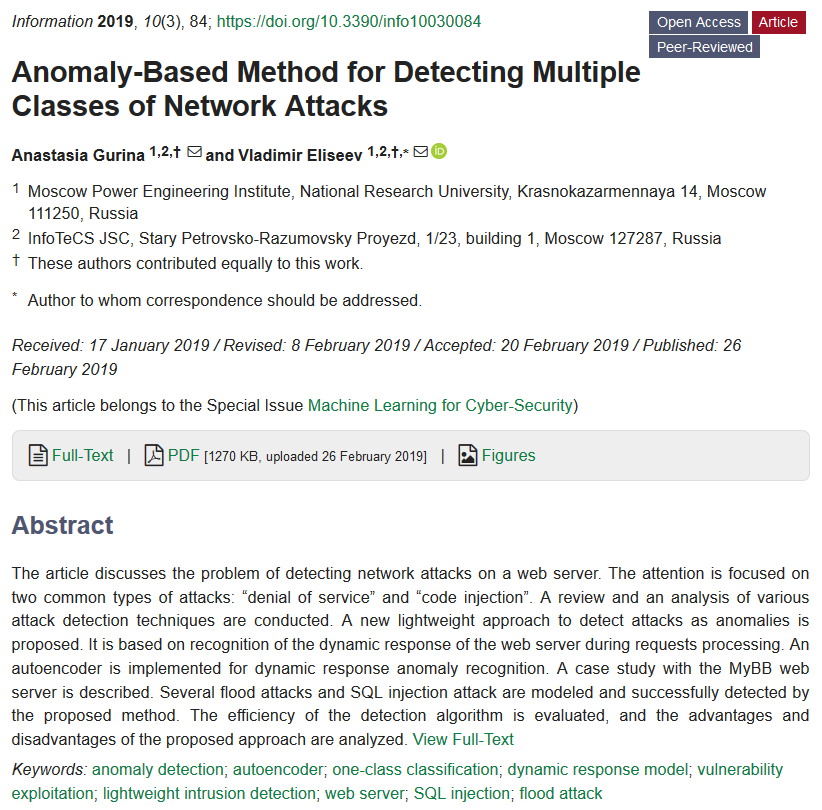 InformationMDPI's tweet photo. #mdpiinformation new paper: "Anomaly-Based Method for Detecting Multiple Classes of Network Attacks" https://t.co/Cf5qb3oP4U @MDPIOpenAccess
#AnomalyDetection
#autoencoder
#classification
#VulnerabilityExploitation
#LightweightIntrusion
#WebServer
#SQLinjection
#FloodAttack https://t.co/7b4HSbQwCn