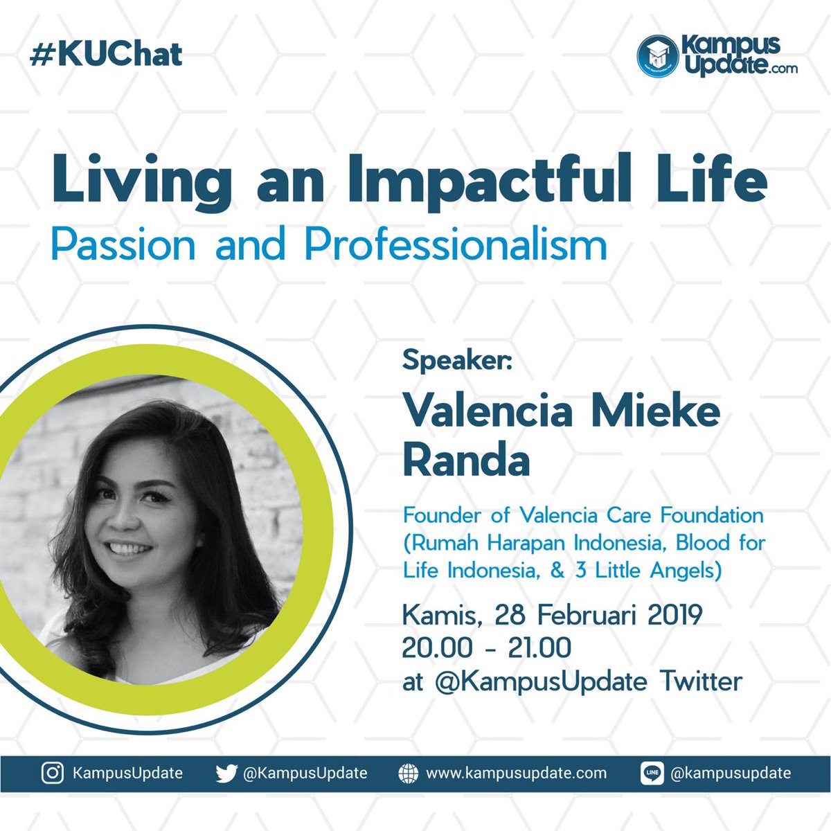 #KUChat is on board!

Today we are going to held discussion with theme "Living an Impacful Life Passion and Professionalism"

The Speaker is Valencia Mieke Randa (<a href="/justsilly/">Valencia Mieke Randa</a>)

Mark the time!
📆It's tonight, 28th February 2019
⏰20.00-21.00

Join and you'll get valuable knowledge!