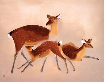 山種美術館 御舟と善彦展 奥村土牛 鹿 79歳作 山種美術館 鹿の背中の白い斑点 は 春に生えてくる 夏毛 だけに見られるもの 5月は鹿の子が生まれ 鹿の毛並の艶が最もよい月だと聞いた土牛 奈良に赴き 鹿の親子を写生して完成させた作品です