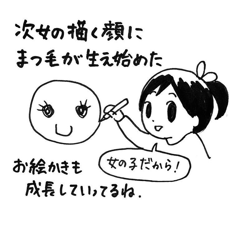 最初は丸と棒しか描けなかったのが、まつげが生えて手足も生えてだんだん進化していくのが面白い。次女3歳の頃。 