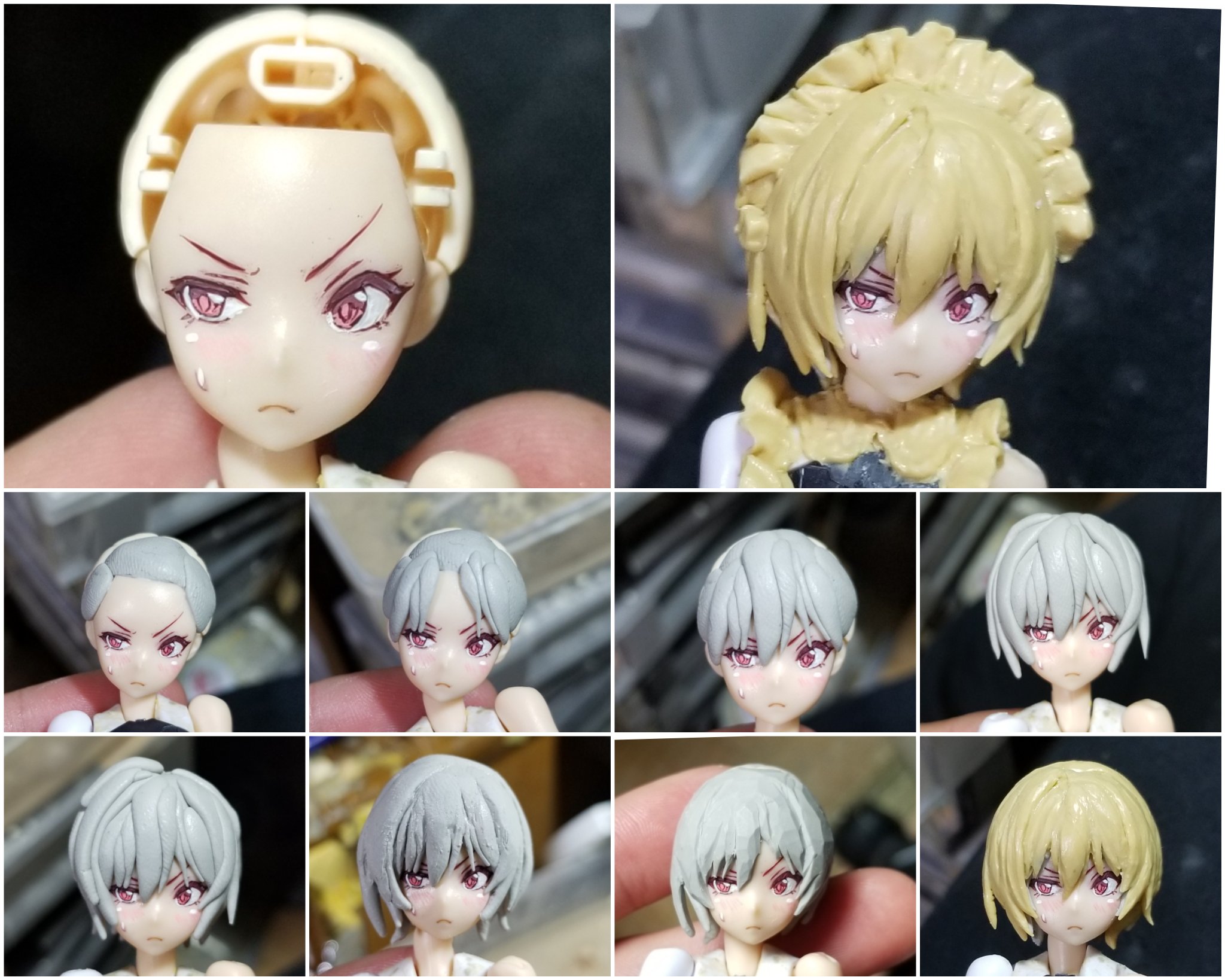 とりぴー ポーズ解説本販売中 髪の毛の作り方をざっとまとめました まず 前髪パーツの土台となる部分を盛りつけ そこに 髪 の乗っかかる順番を考えながら細いパテを乗せていきます 次に 頭のシルエットが整うように