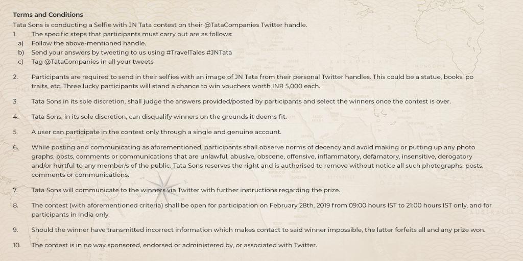 TataCompanies's tweet photo. Here are the T&amp;C for the contest. #JNTata #TravelTales https://t.co/Lfz6MLSMTw