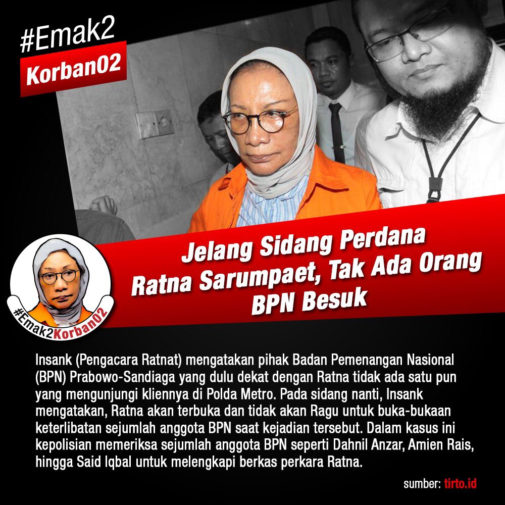 andreOPA's tweet photo. Jelang sidang perdana Ratna Sarumpaet, tidak ada orang BPN yang besuk.   #Emak2Korban02 https://t.co/LYOtNjBuyt