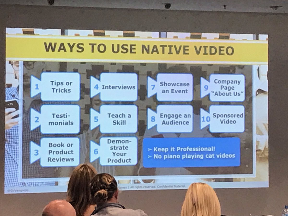ColaHarrop's tweet image. Here is THE slide on the ways to use #LinkedIn native video from @LinkedInExpert at #TMG19 #gettingeducated