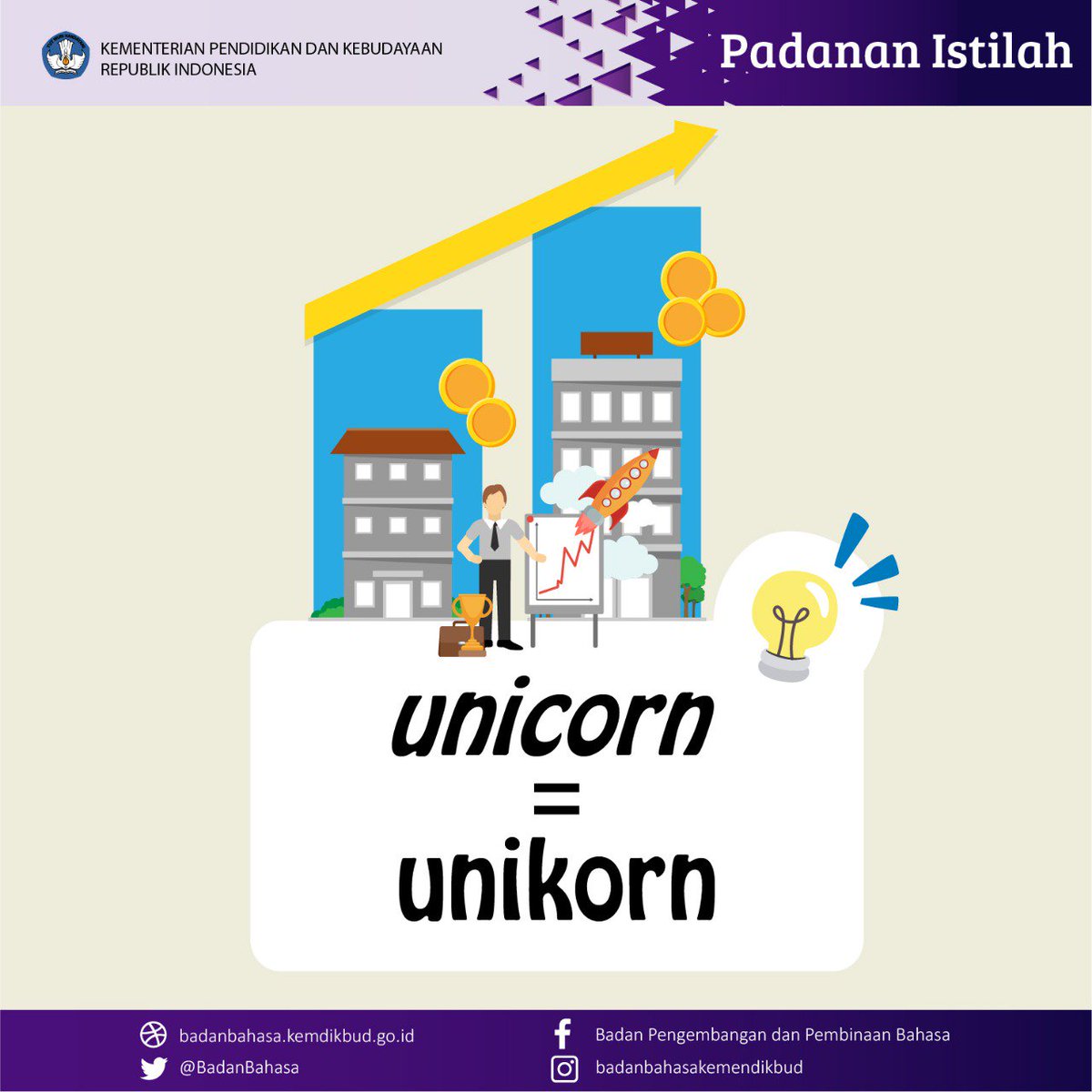 Istilah “unicorn” menjadi viral di media setelah debat presiden tahap kedua. #PadananIstilah di bidang ekonomi itu adalah unikorn (dibaca sesuai ejaan). Unikorn adalah perusahaan perintis bernilai lebih dari satu miliar dolar Amerika. 
 
#unikorn #PadananIstilah <a href="/Kemdikbud_RI/">kemdikbud go id</a>
