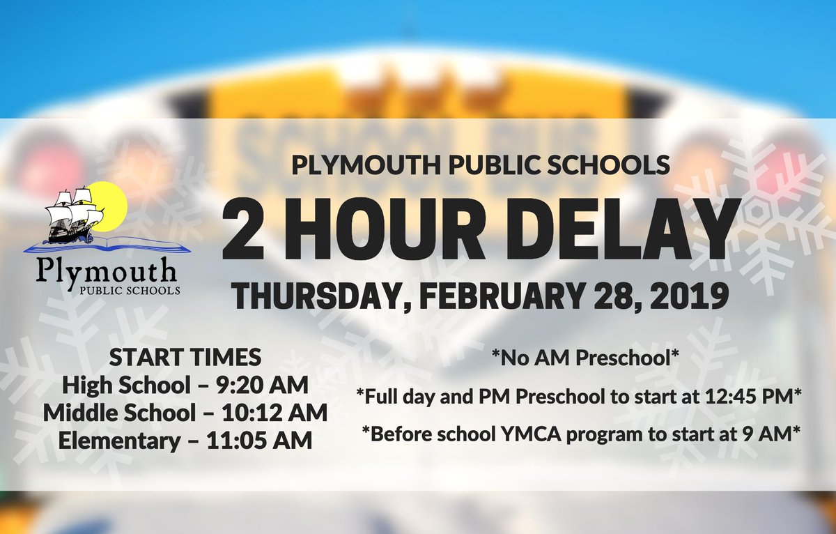 PlymouthSch's tweet photo. ❄️ In order to allow for proper treatment of roads, sidewalks &amp; parking lots, there will be a 2 HR DELAY today, Feb 28th. Thank you to the DPW &amp; our Facilities Management staff for all their hard work in keeping our school campuses clear &amp; safe. https://t.co/su8b1n03q0