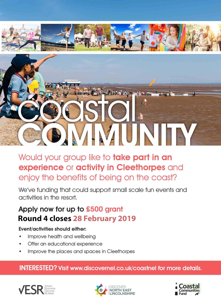 TODAY IS THE LAST DAY to apply.
Would your community group like to arrange an event/activity in #Cleethorpes to try a new health &amp; wellbeing experience or improve a place or space?  Up to £500 funding closes tonight 28th Feb
More at discovernel.co.uk/coastnel 
PLS RT
