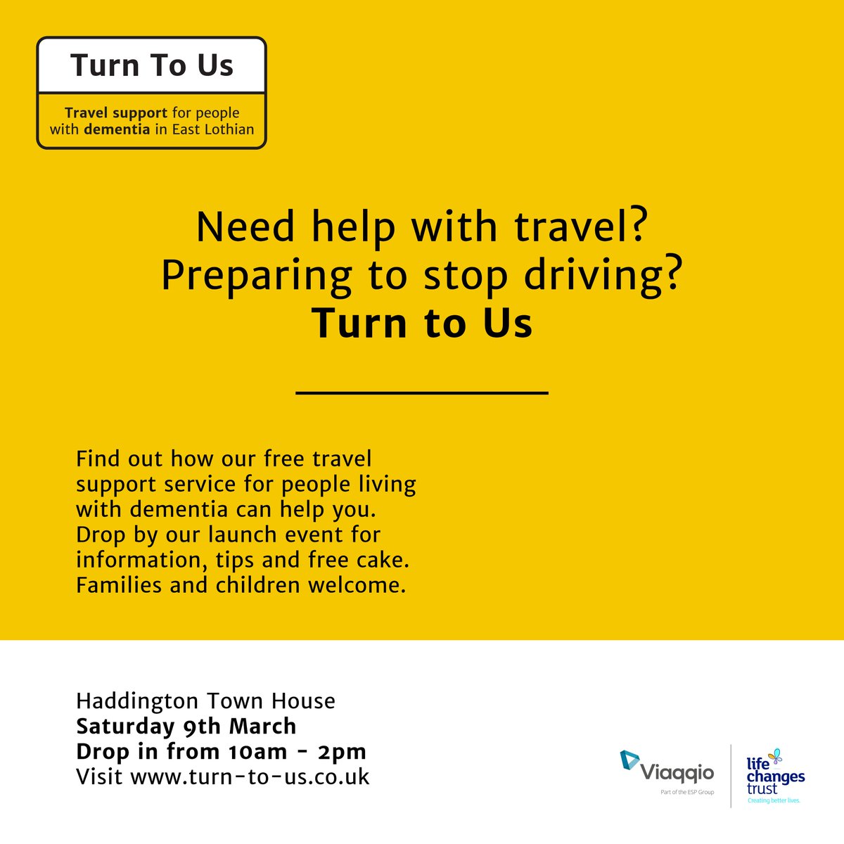 Join us at the Haddington Town House on Saturday 9th March to learn more about the free Turn To Us travel support service, drop in anytime between 10am and 2pm! Did we mention there's free tea and cake? 🍰 #lothianloop #EastLothian #dementia <a href="/LifeChangesTrst/">Life Changes Trust</a>