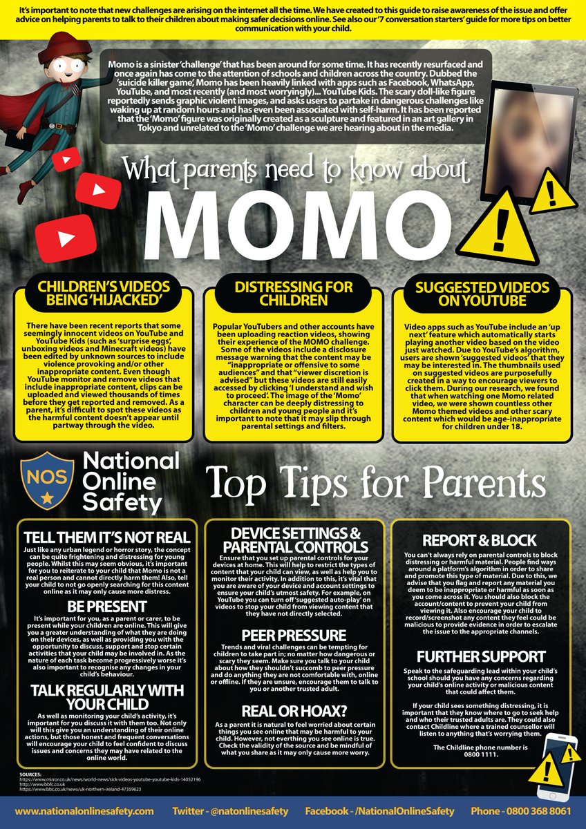 Be aware of Momo. The scary doll-like figure reportedly sends graphic violent images, and asks users to partake in dangerous challenges and self-harm. it is linked to Apps such as Facebook, Whats App and YouTube Kids. What Apps are your children on and ensure you are in control!