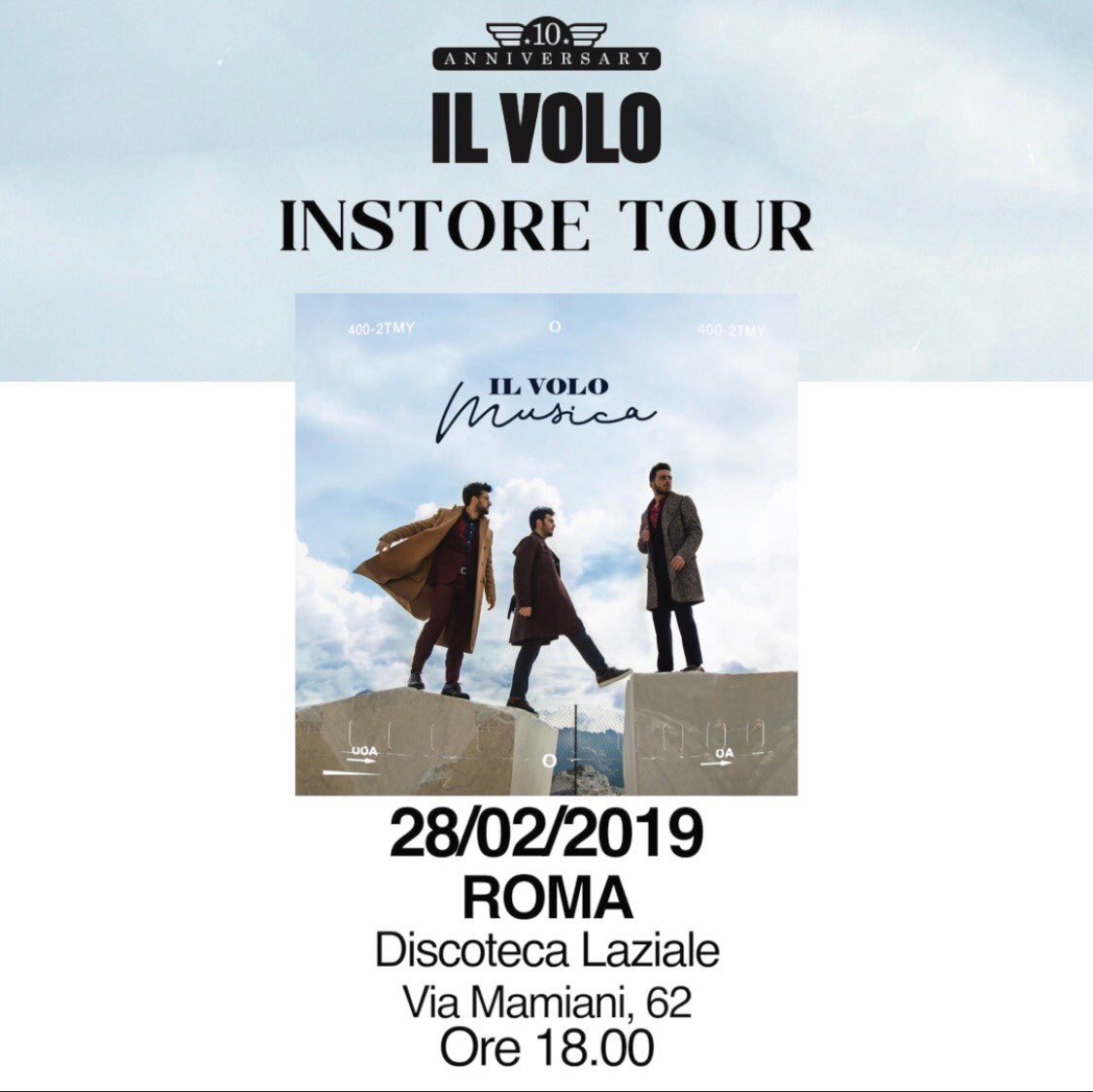 ilvolo's tweet photo. Roma, ci vediamo oggi alle 18 alla Discoteca Laziale per una nuova tappa dell’#InstoreTour! Ci sarete?
#IlVolo #Musica https://t.co/16OlM35axv