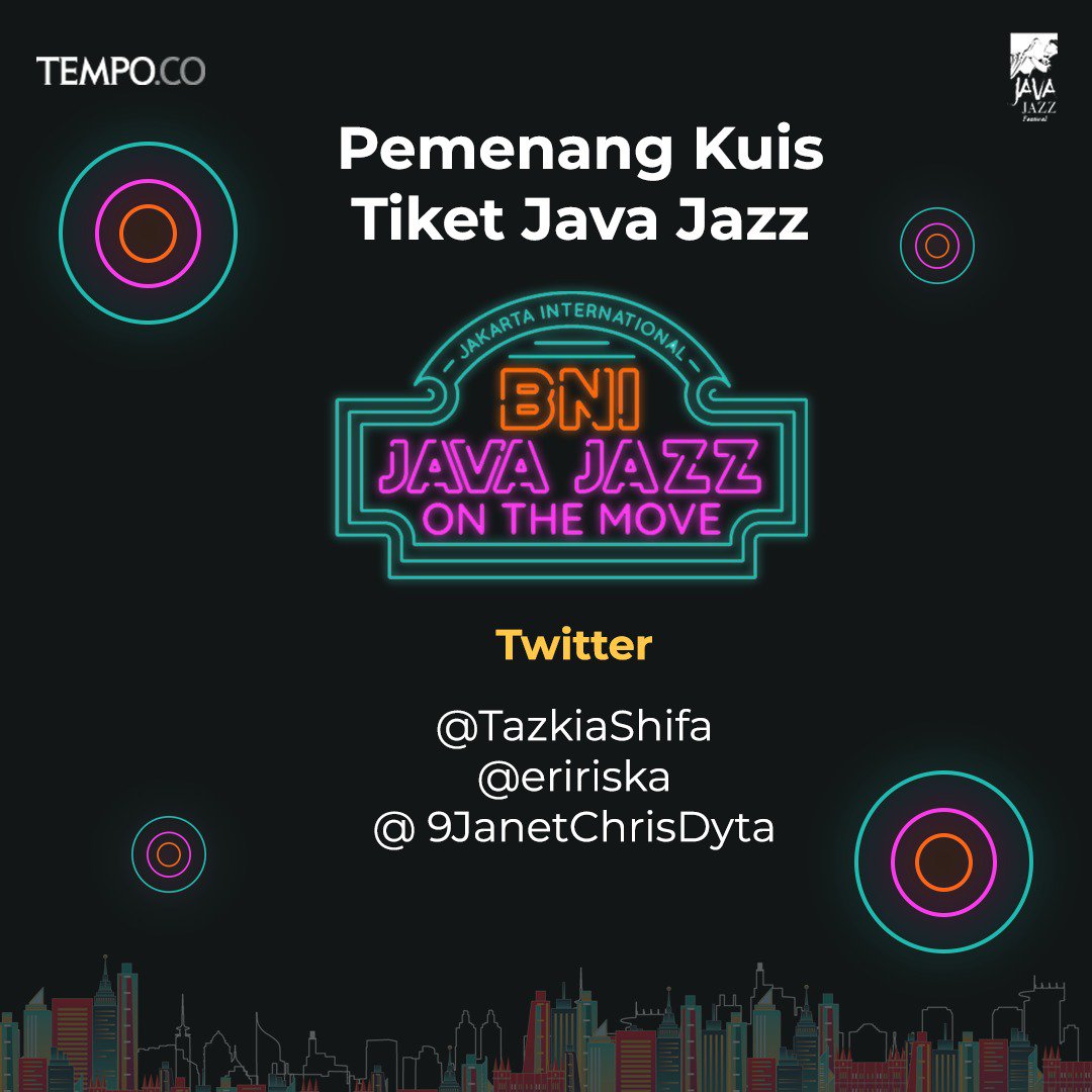 tempodotco's tweet photo. Selamat! untuk para pemenang kuis tiket Java Jazz 2019. @TazkiaShifa @eririska @9JanetChrisDyta dm kami untuk info selanjutnya. https://t.co/SZDUybOoNC