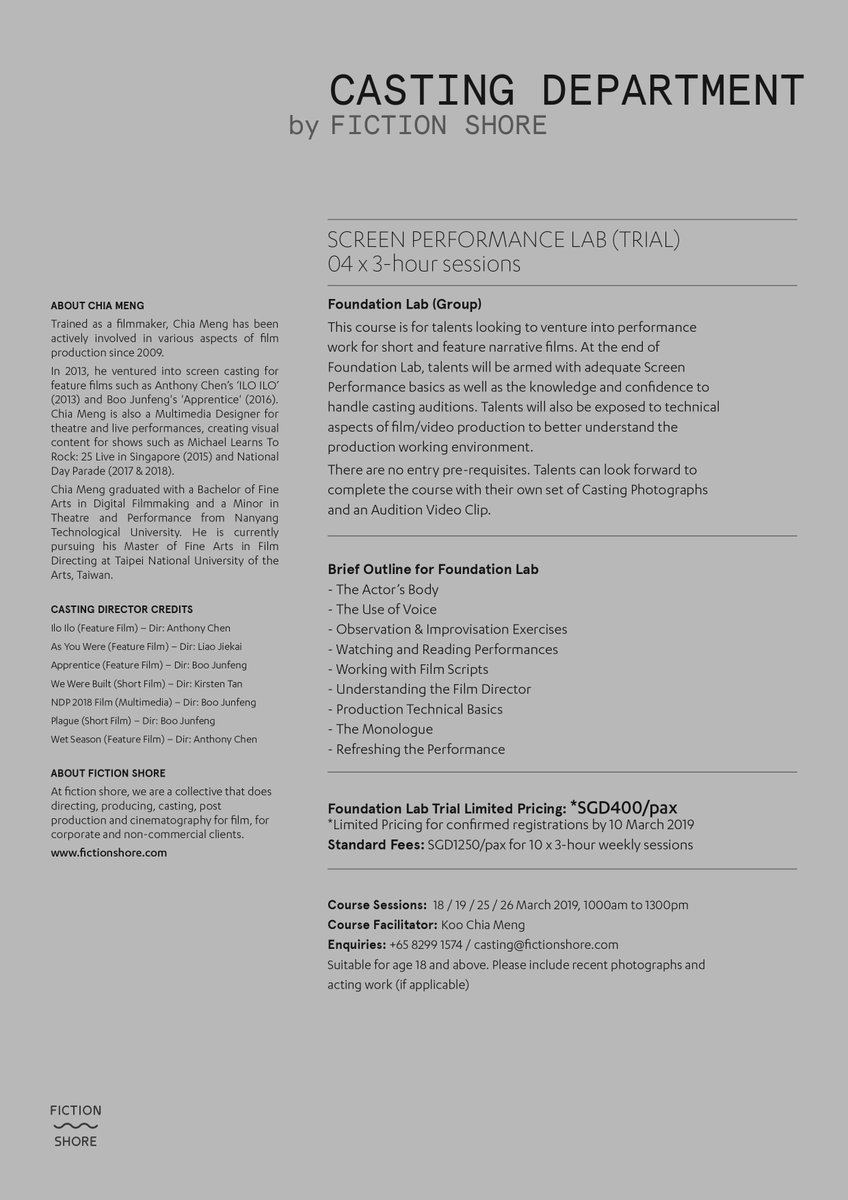 Screen Performance Workshop by Casting Director Koo Chia Meng. Details attached. For more info, reach us at our Facebook Page!