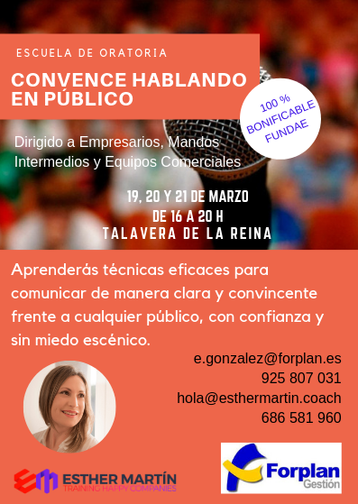 Esther_coach's tweet photo. ¿Te pones muy nervioso al #hablarenpúblico?
Si quieres aprender un método eficaz, apúntate al #cursobonificable!
19, 20 y 21 de marzo en #TalaveradelaReina. Quedan pocas plazas, pero aún estás a tiempo. Más info: https://t.co/6GJKZkhGRR
#Oratoria #MiedoEscénico #Liderazgo https://t.co/CzEE8Dt9dt