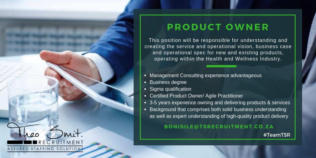 RecruiterTheo's tweet image. A position has opened up as a Product Owner in the Health and Wellness Industry. Contact Bonisile to discuss this opportunity. #Sigma #AgilePractitioner #Operations #Service.