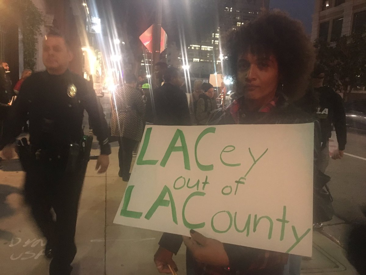 Broadcast_Bev's tweet photo. “Unless she’s willing to get justice for their loved ones, we’re going to protest her wherever she goes.” @BLMLA disrupts birthday party & campaign kickoff for LA DA Jackie Lacey More at 11p @NBCLA #DTLA https://t.co/3AzKl3xCjx