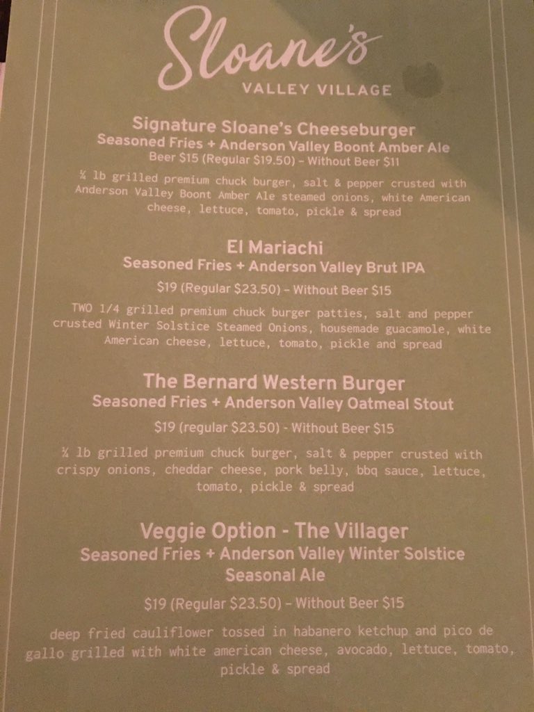 JordanAVBC's tweet image. Burger pairings tonight at Sloane’s Valley Village! @b_e_u named it LA’s best burger 2018!