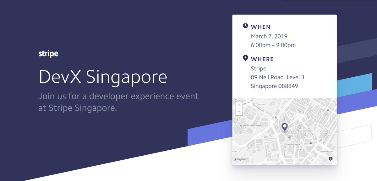 👋🇸🇬  We're hosting our first devX event on March 7 and would love to see you there! The line up of speakers includes:
<a href="/thorwebdev/">Thor 雷神 ⚡️</a> on 'modelling marketplaces with GraphQL' 🏬
@U1i on 'APIs for humans' 👩🏽‍💻
Thinh Le on 'AR for Everyone' 🧩
Sign up here: stripe.events/sgdseevent19