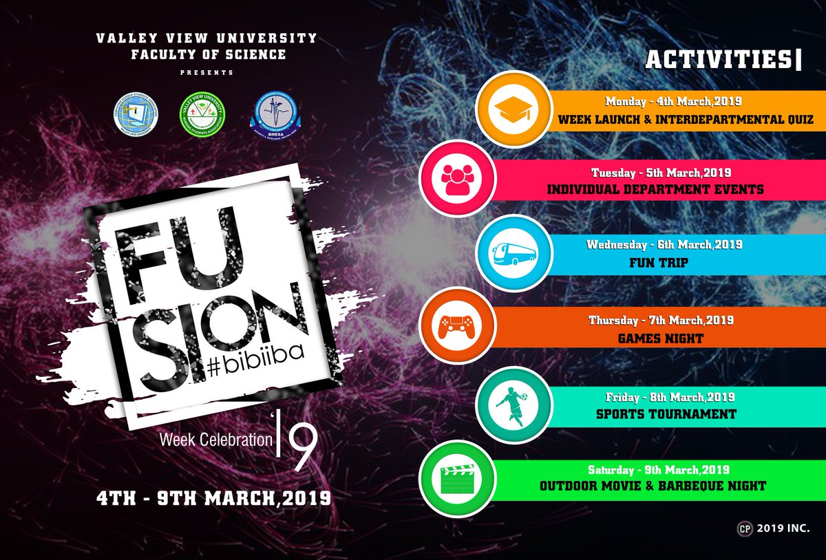 cossavvu's tweet image. Programme line-up for the week celebration #fusion19