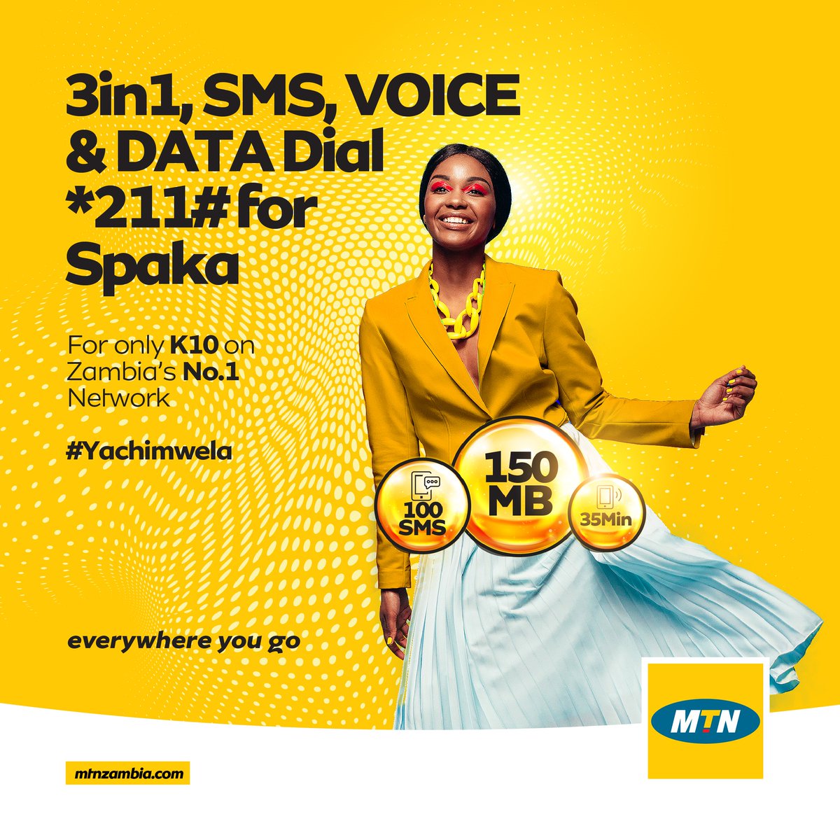 MTN_Zambia's tweet photo. 35Minutes, 150MB and 100SMS that are valid all week and cost K10? It can only be a #Spaka weekly bundle! Dial *211# to get yours, on the network #Yachimwela. https://t.co/pfMjZcsD6I